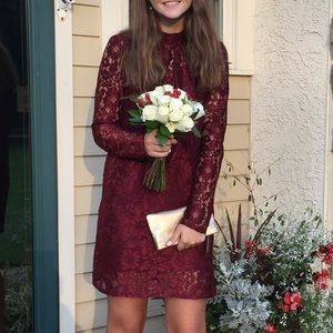 LACE LONG SLEEVE WINE DRESS HIGH NECK WITH SLIP Homecoming Formal Winter Dance